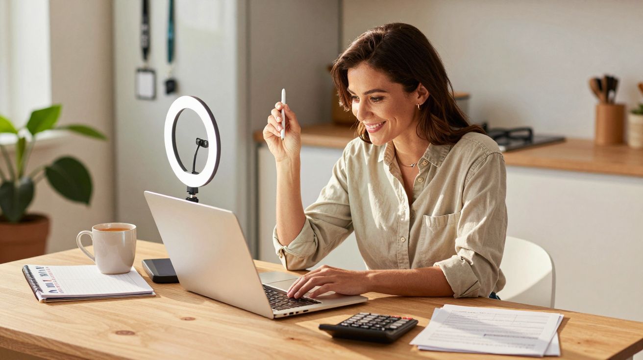 Mulher a trabalhar num portátil com luz de anel acesa, cercada de documentos, caneca e calculadora numa cozinha iluminada.