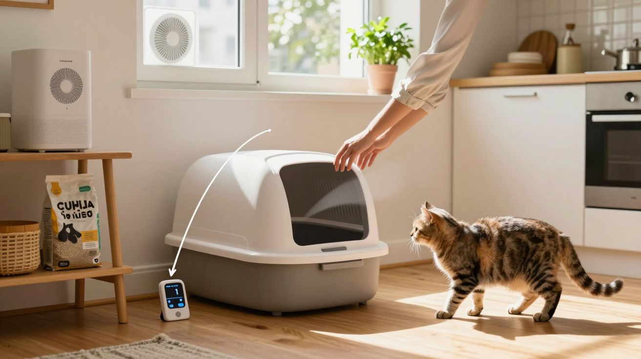 Gato junto a caixa de areia moderna com um monitor, numa cozinha iluminada com saco de areia de gato e purificador de ar.