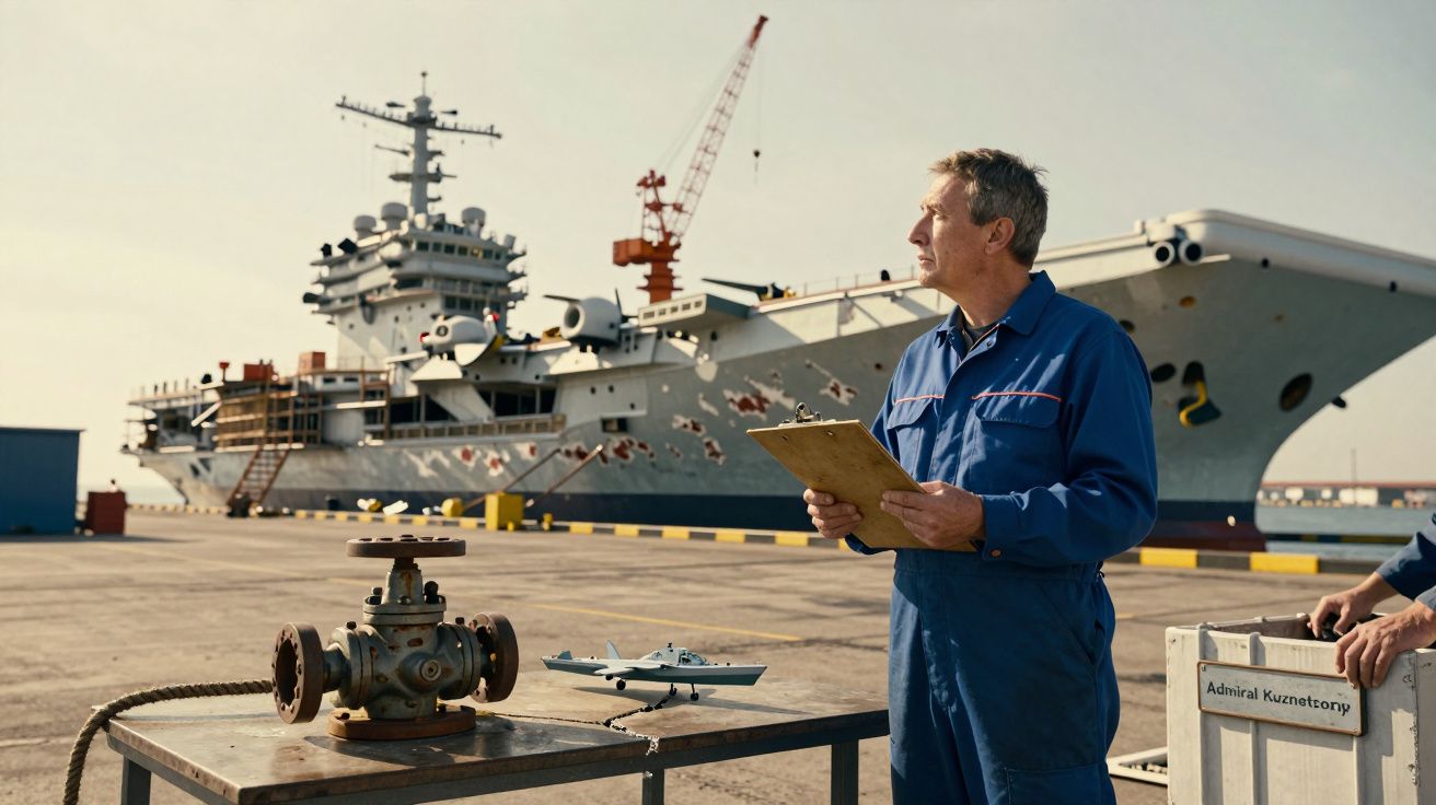 Homem em uniforme azul observa porta-aviões no estaleiro, segurando uma prancheta. Mesa com válvula e modelo de navio.