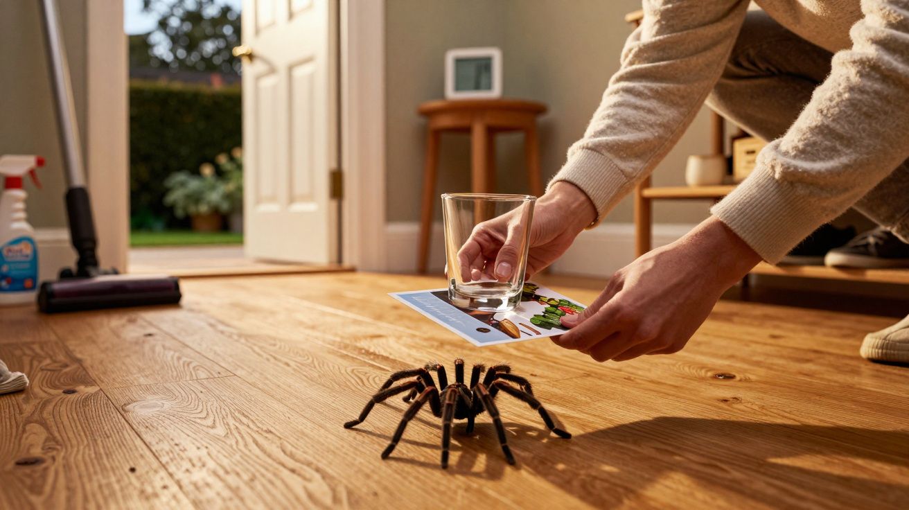 Pessoa apanha uma aranha no chão com um copo e uma folha de papel numa sala iluminada.