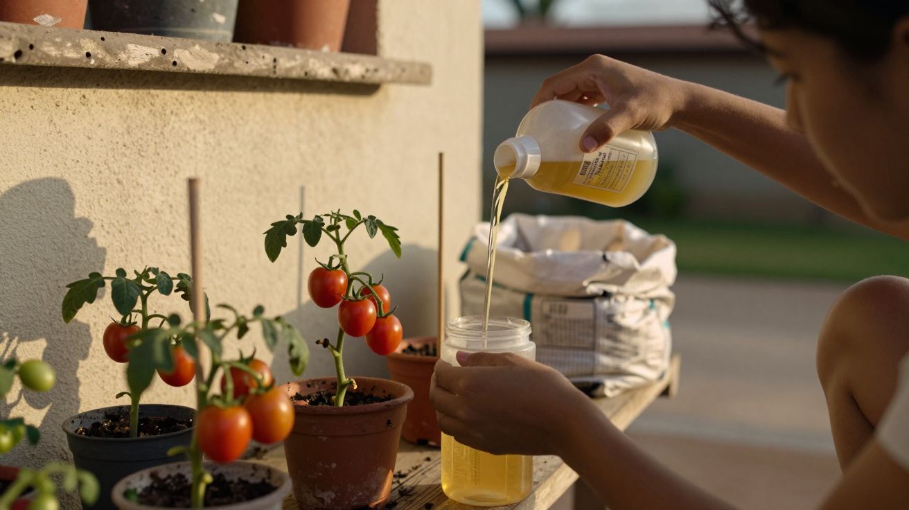 Pessoa misturando líquido em frasco ao lado de tomateiros em vasos.