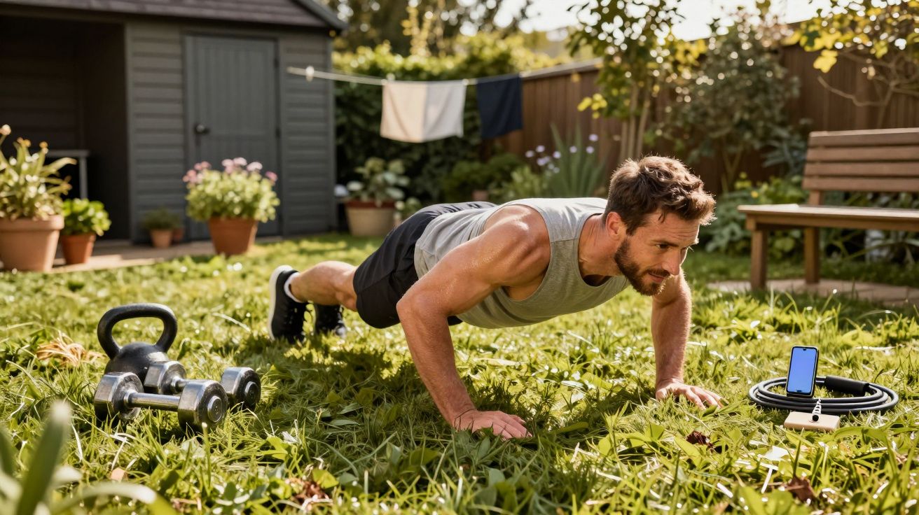 Homem a fazer flexões no jardim, com pesos e telemóvel ao lado, roupa a secar ao fundo.