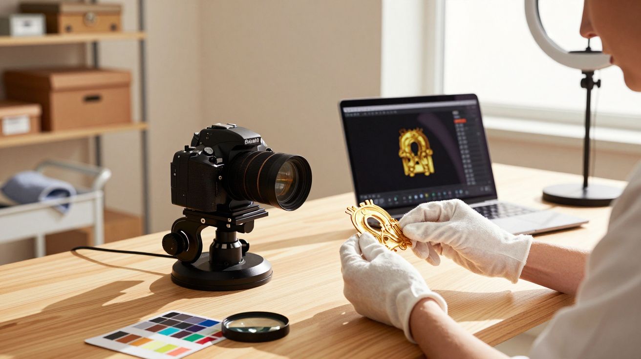 Pessoa usando luvas fotografa objeto dourado com câmera profissional em mesa de madeira.