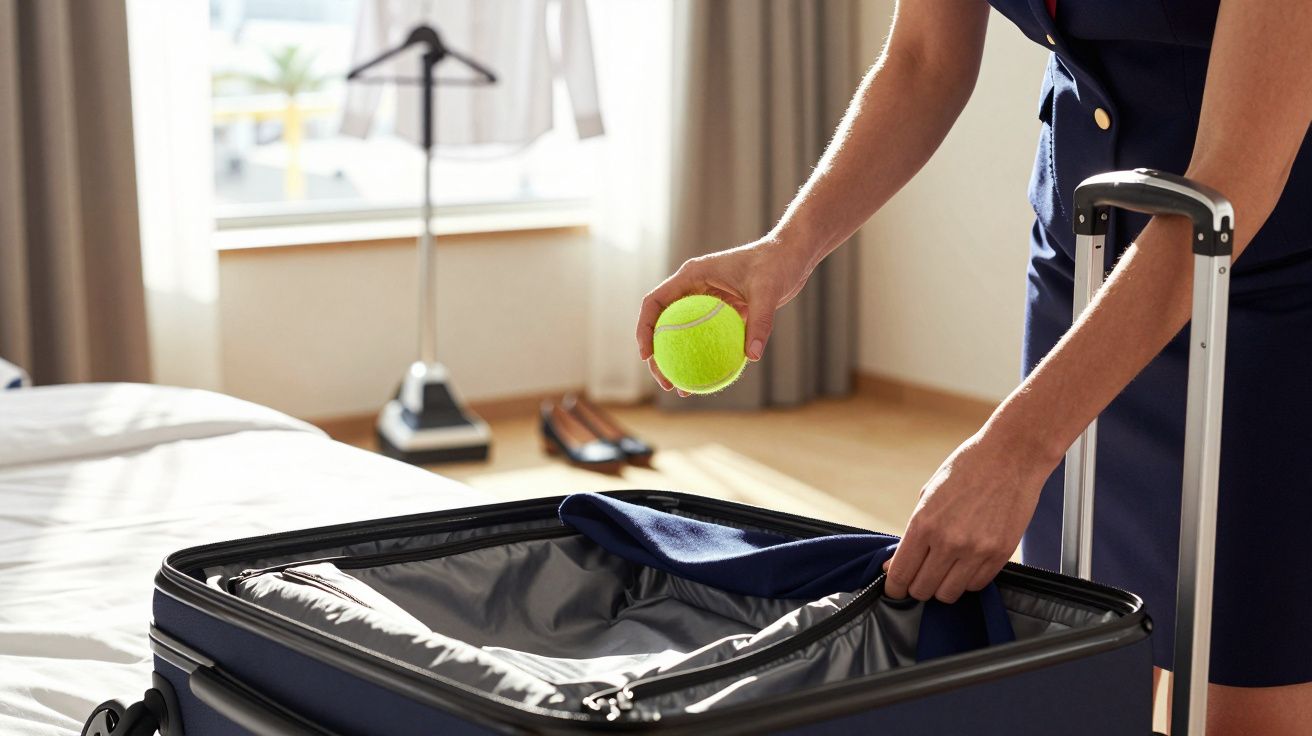 Pessoa a arrumar uma mala aberta, colocando um rolo de ténis, em quarto iluminado por janela.
