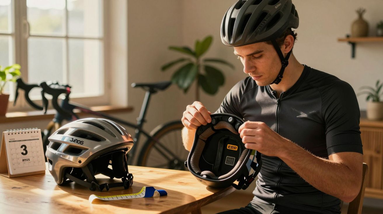 Homem ajusta capacete de ciclismo numa mesa com fita métrica e calendário; bicicleta ao fundo.