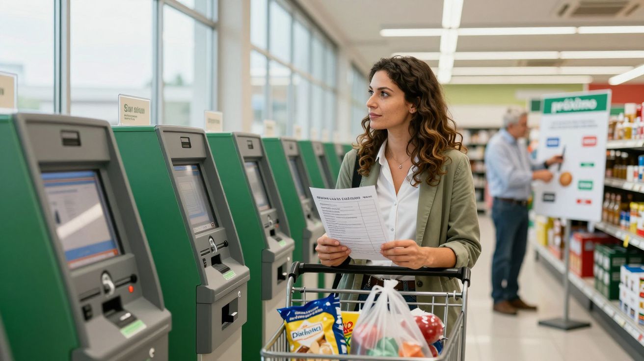 Mulher num supermercado, com carrinho de compras, verifica lista ao lado de caixas de autoatendimento.