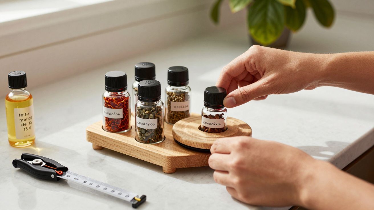 Frascos de especiarias sobre suporte de madeira numa bancada de cozinha, com mão segurando um dos frascos.