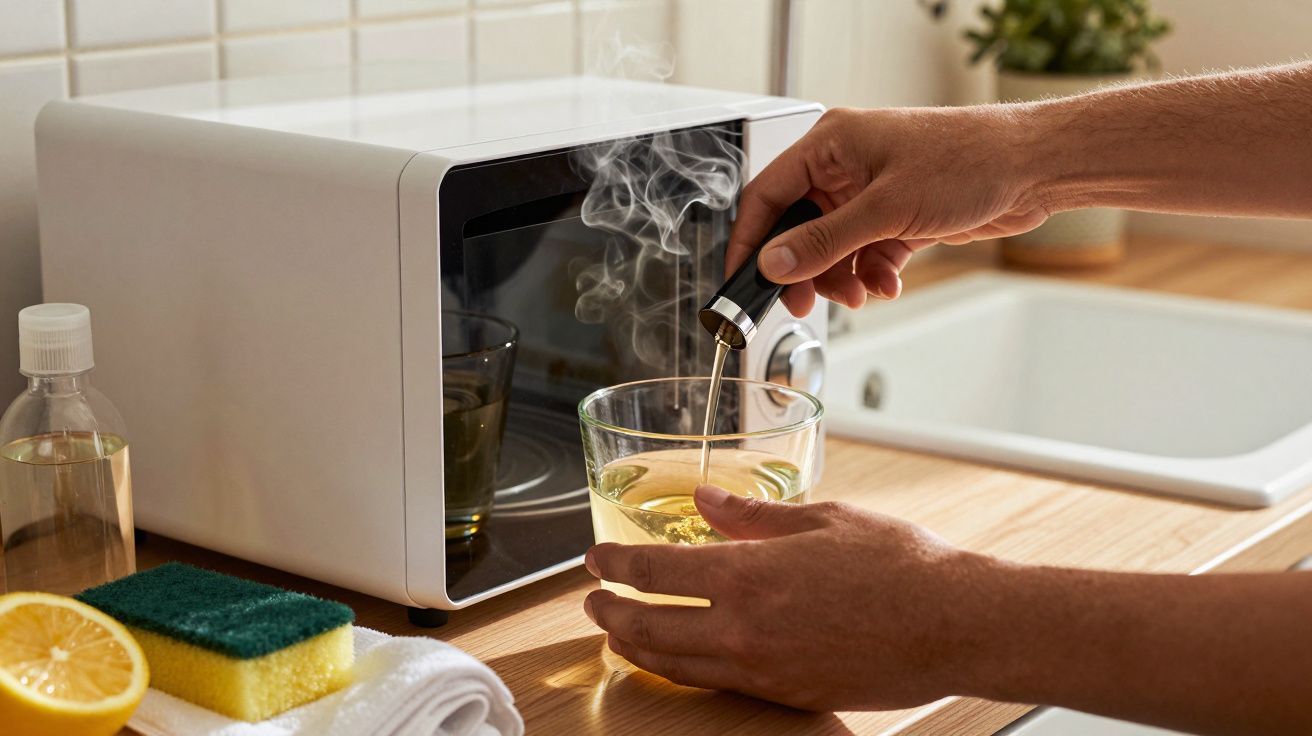 Mãos retiram chá fumegante de micro-ondas numa cozinha, com limão, esponja e detergente ao lado.