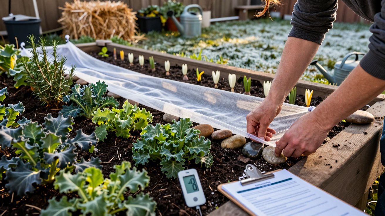 Pessoa cobrindo plantas num canteiro elevado com uma rede, ao lado de termómetro, bloco de notas e regador.