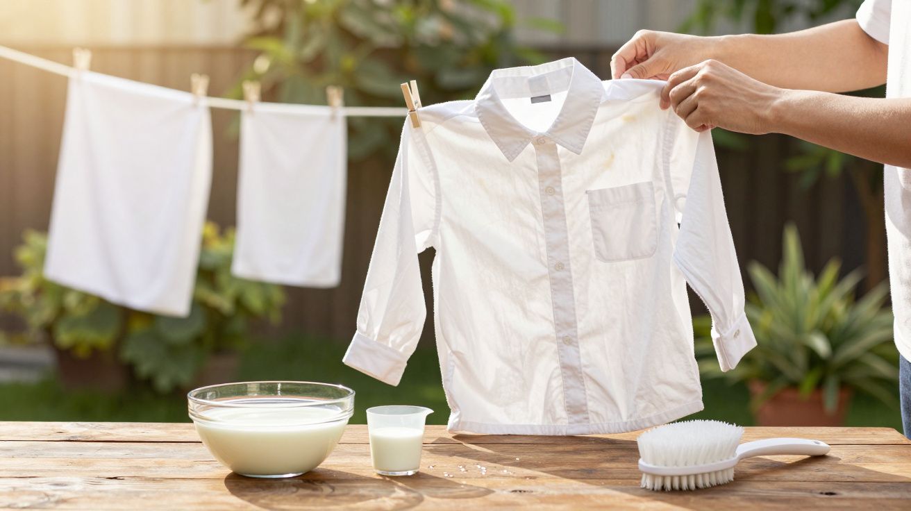 Pessoa segura camisa branca recém-lavada junto a uma escova, recipiente com líquido, e roupa a secar no fundo.
