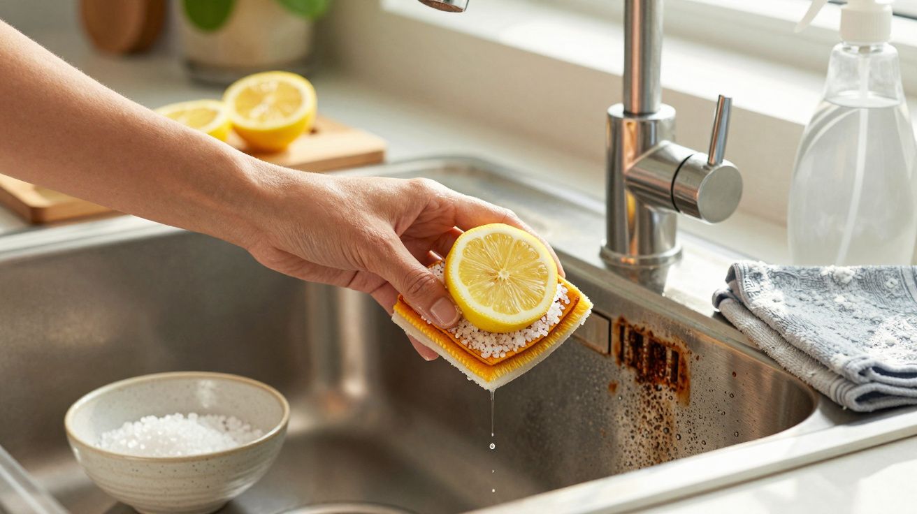 Mão usa esponja com limão e bicarbonato para limpar pia de aço inoxidável.