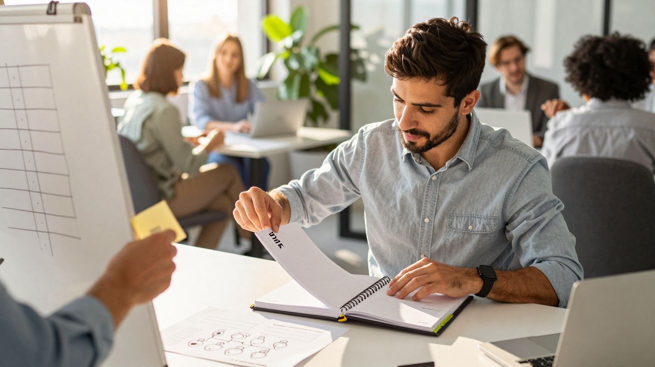 Homem numa reunião de escritório, revendo documentos, com colegas ao fundo a trabalhar em computadores.