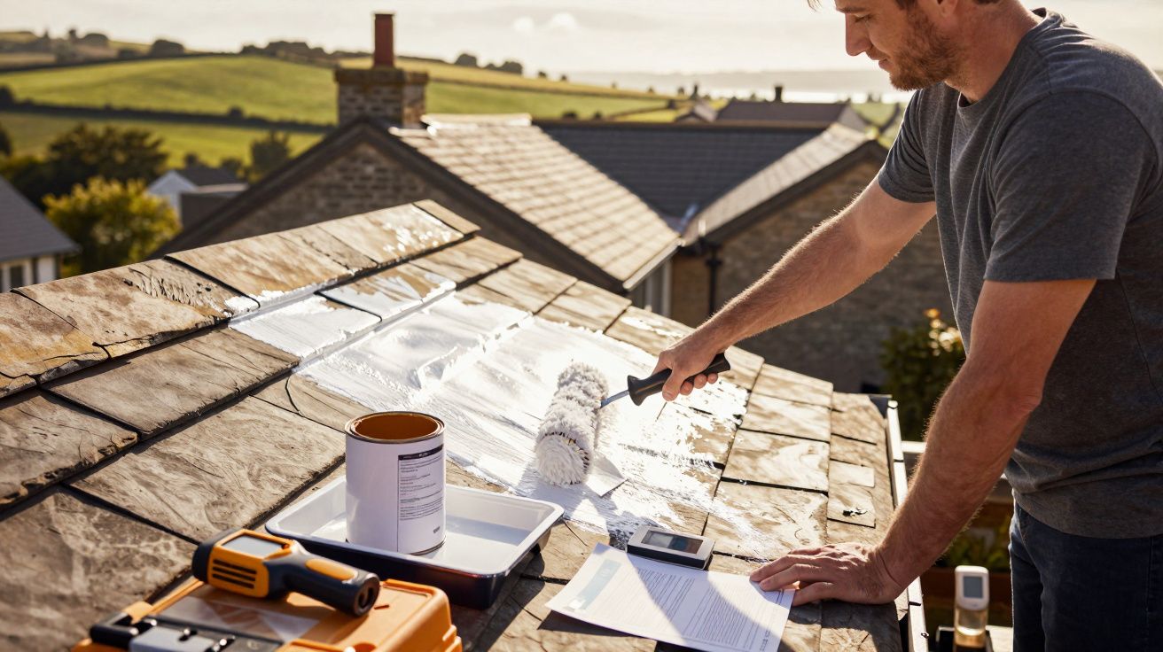 Homem a aplicar revestimento impermeabilizante no telhado com rolo, rodeado de ferramentas e paisagem ao fundo.