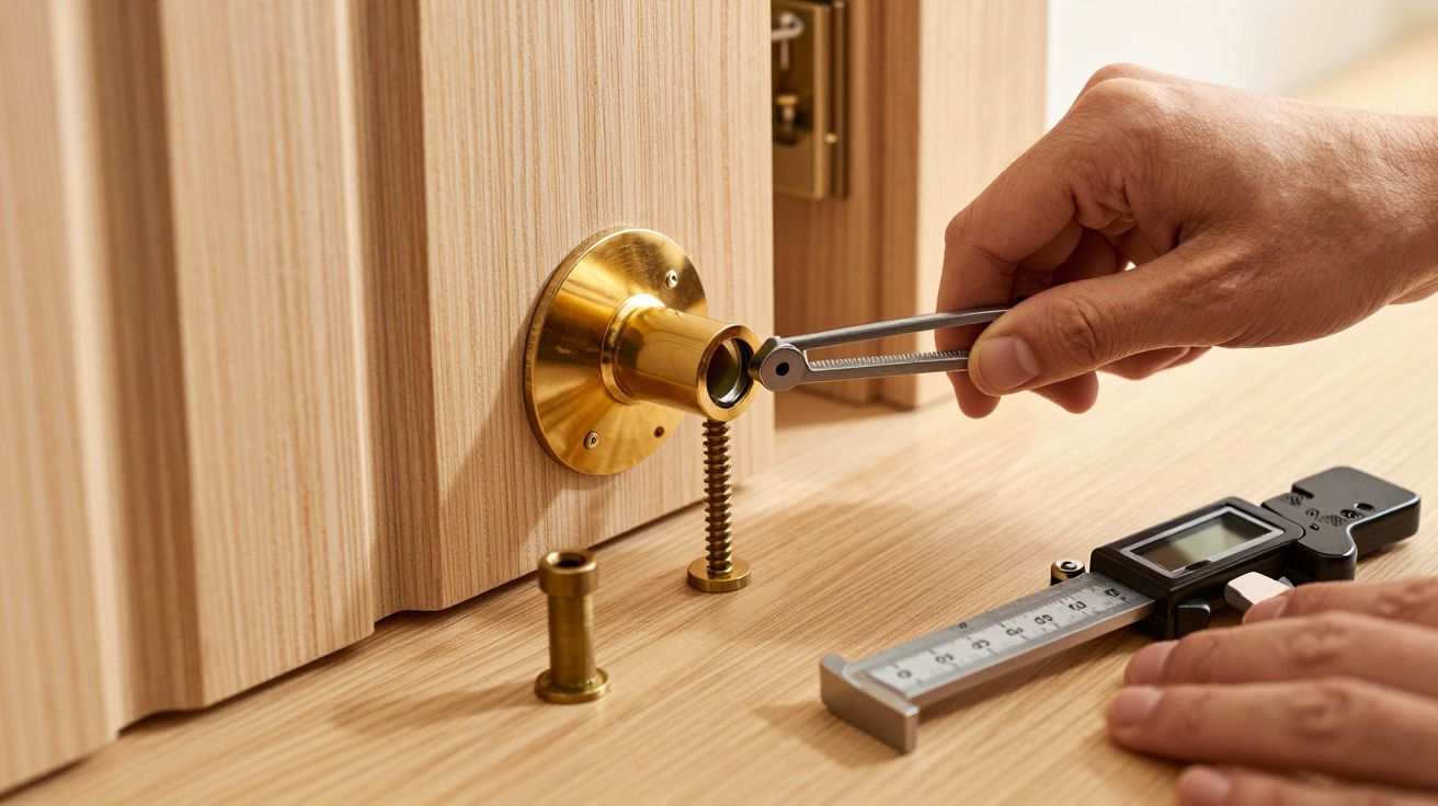 Mãos montando uma fechadura dourada numa porta de madeira, usando um calibre digital.