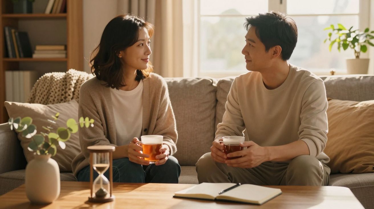 Casal sentado no sofá, bebendo chá e conversando em uma sala acolhedora. Livros e plantas decoram o ambiente.