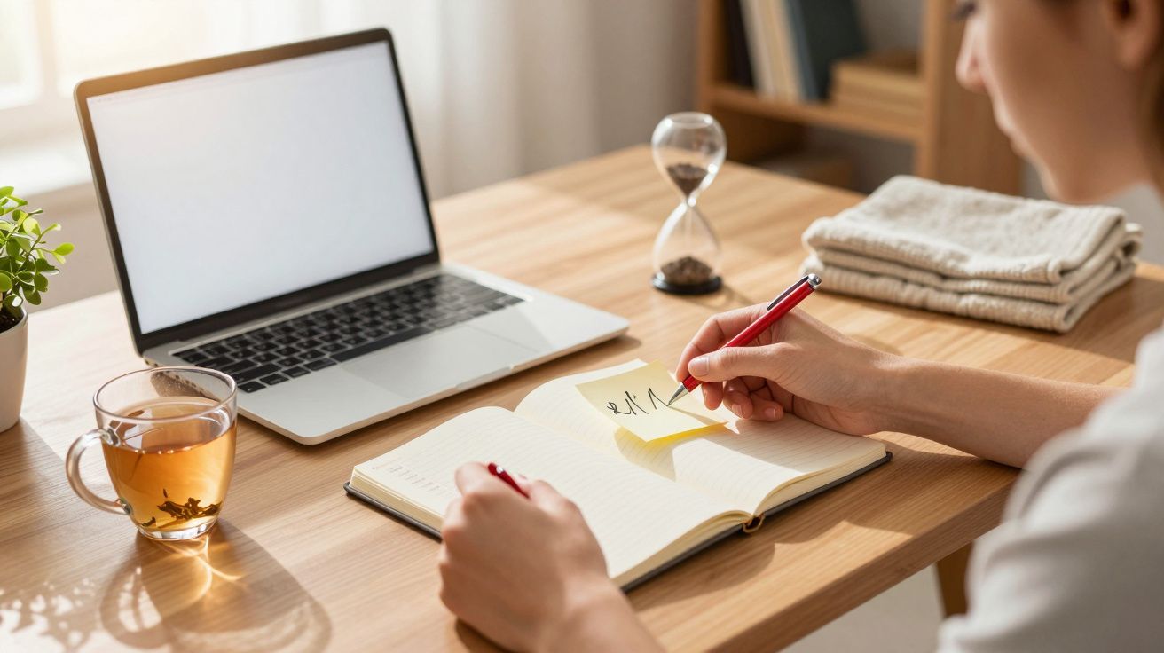 Pessoa escreve num bloco de notas ao lado de um portátil, uma ampulheta e uma chávena de chá numa mesa de madeira.