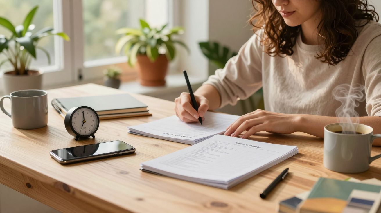 Mulher a estudar numa mesa de madeira, com plantas, caderno, relógio, telemóvel e chá.