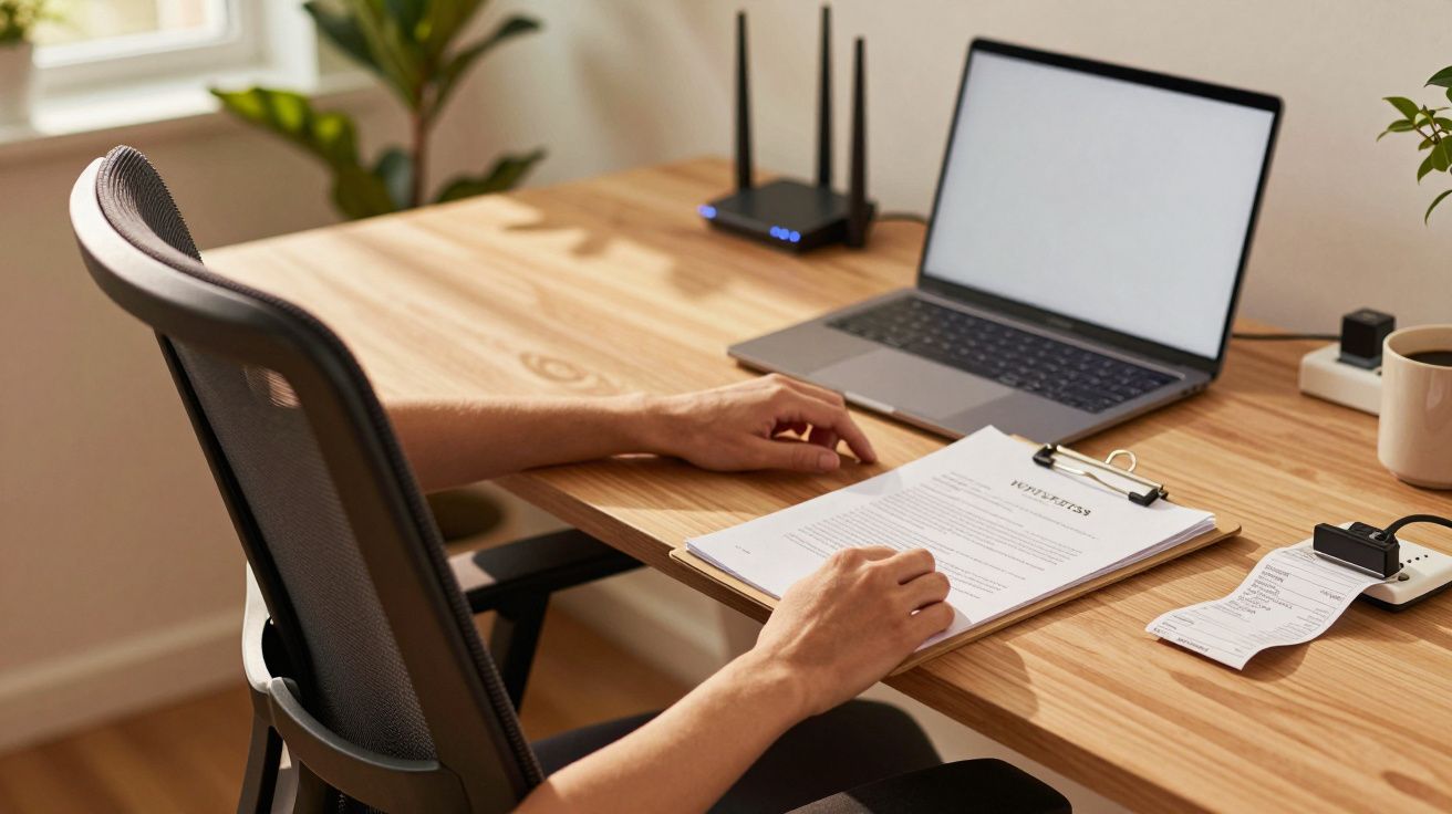 Pessoa sentada à secretária com portátil, documento em prancheta e recibo. Ambiente de trabalho em casa.