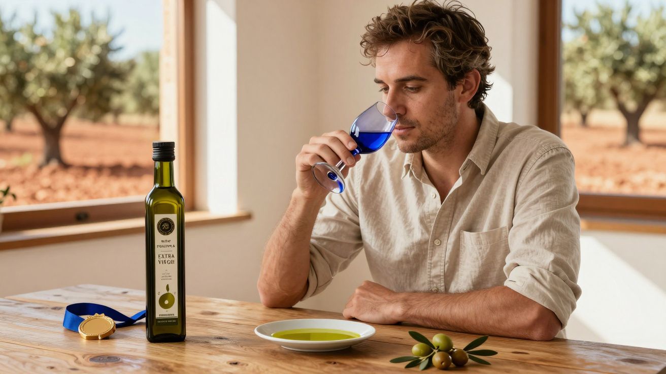 Homem prova azeite em copo azul numa mesa com garrafa de azeite, prato com azeite e azeitonas, campo de oliveiras ao fundo.