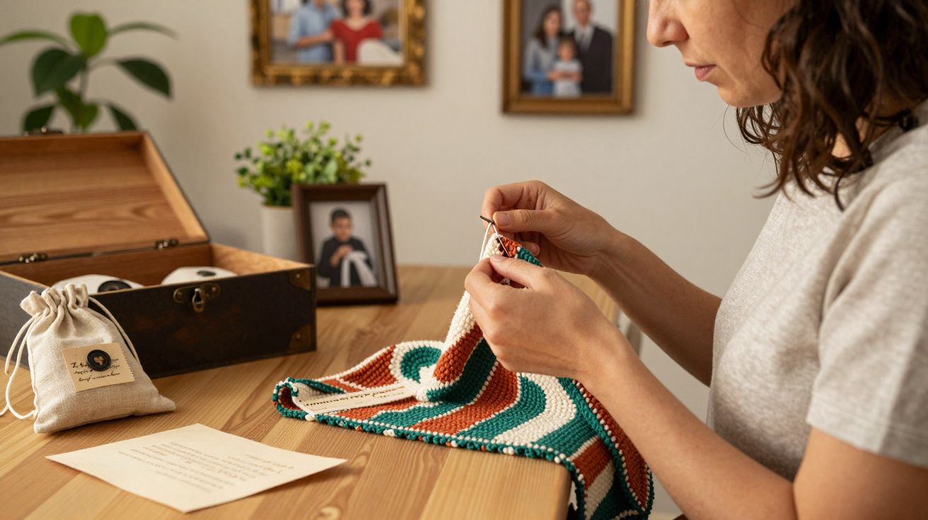 Mulher sentada à mesa a bordar uma peça colorida com agulha, cercada por fotos emolduradas e uma caixa aberta.