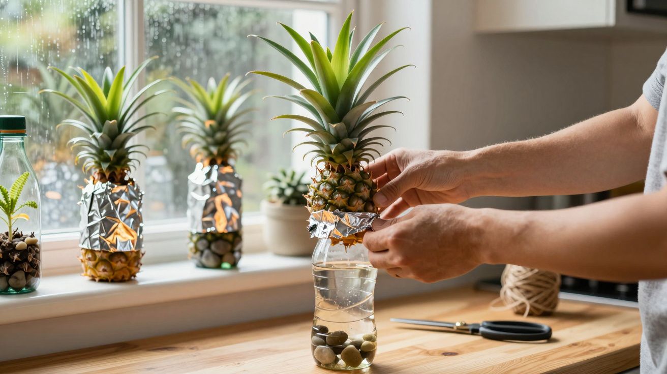 Pessoa a plantar coroas de ananás em frascos com água e pedras, junto a uma janela.