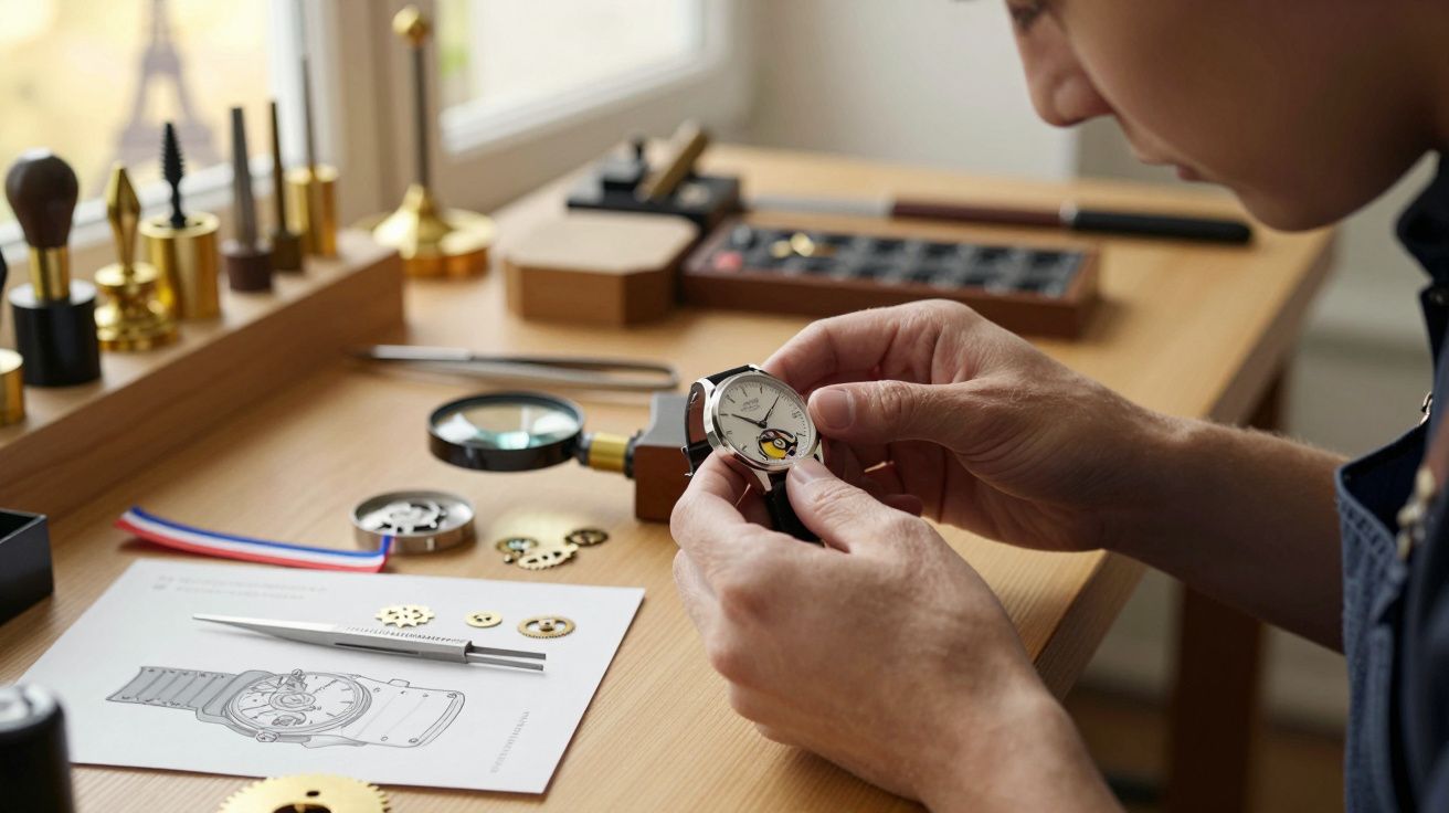 Pessoa monta um relógio em mesa de trabalho com ferramentas, engrenagens e manual ao lado de janela.