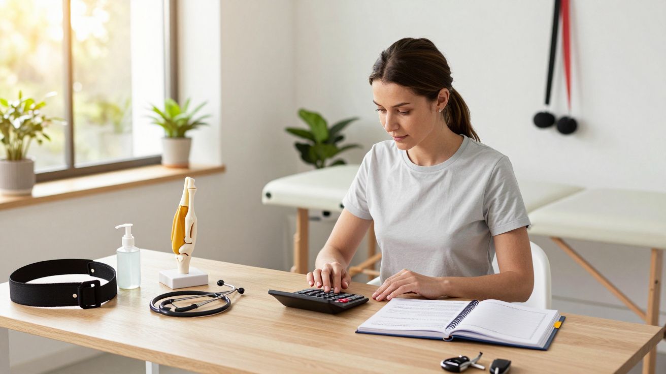 Mulher sentada à mesa, usando calculadora, rodeada de livros e equipamento médico, num consultório iluminado.