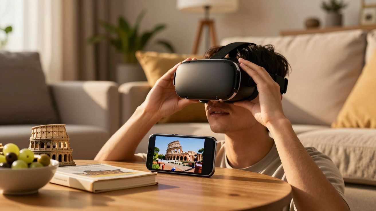 Pessoa com óculos VR, miniatura do Coliseu e smartphone com imagem do Coliseu em cima de uma mesa baixa na sala de estar.