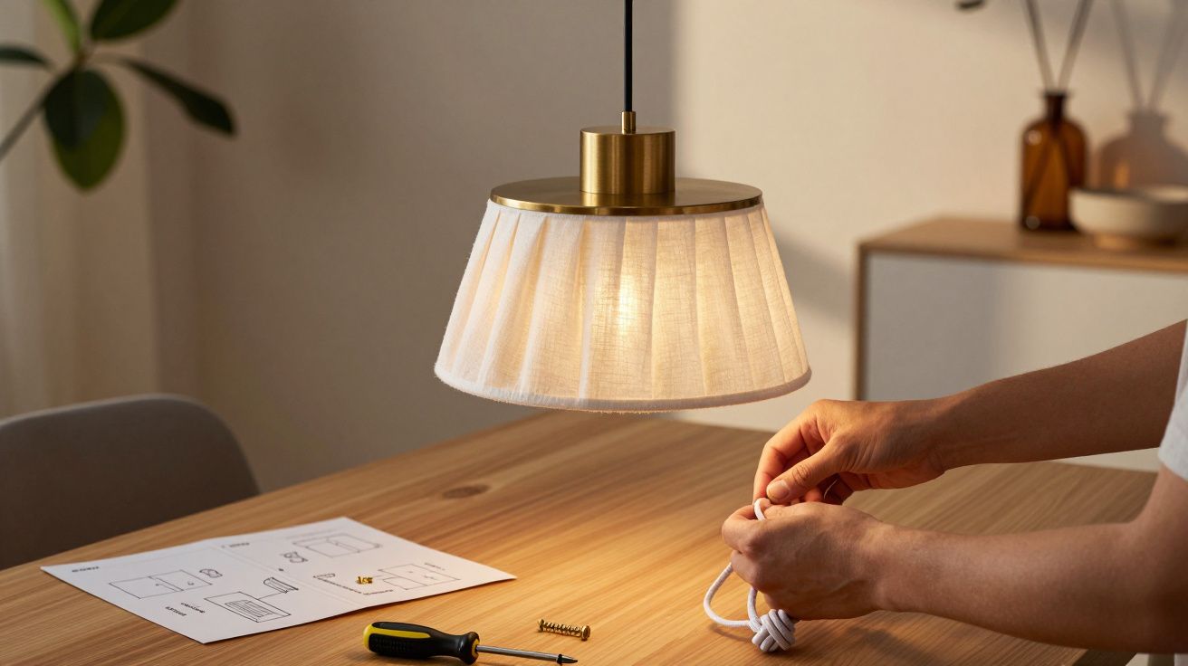 Pessoa instala candeeiro de teto numa mesa de madeira com instruções, parafusos e chave de fendas ao lado.