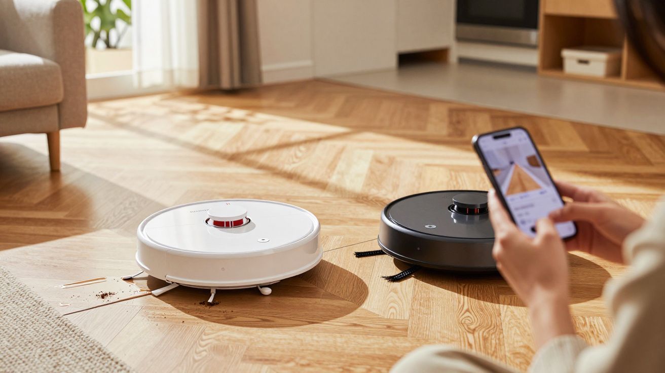 Duas aspiradoras robô no chão de madeira; uma pessoa segura um telemóvel, provavelmente a controlar os dispositivos.