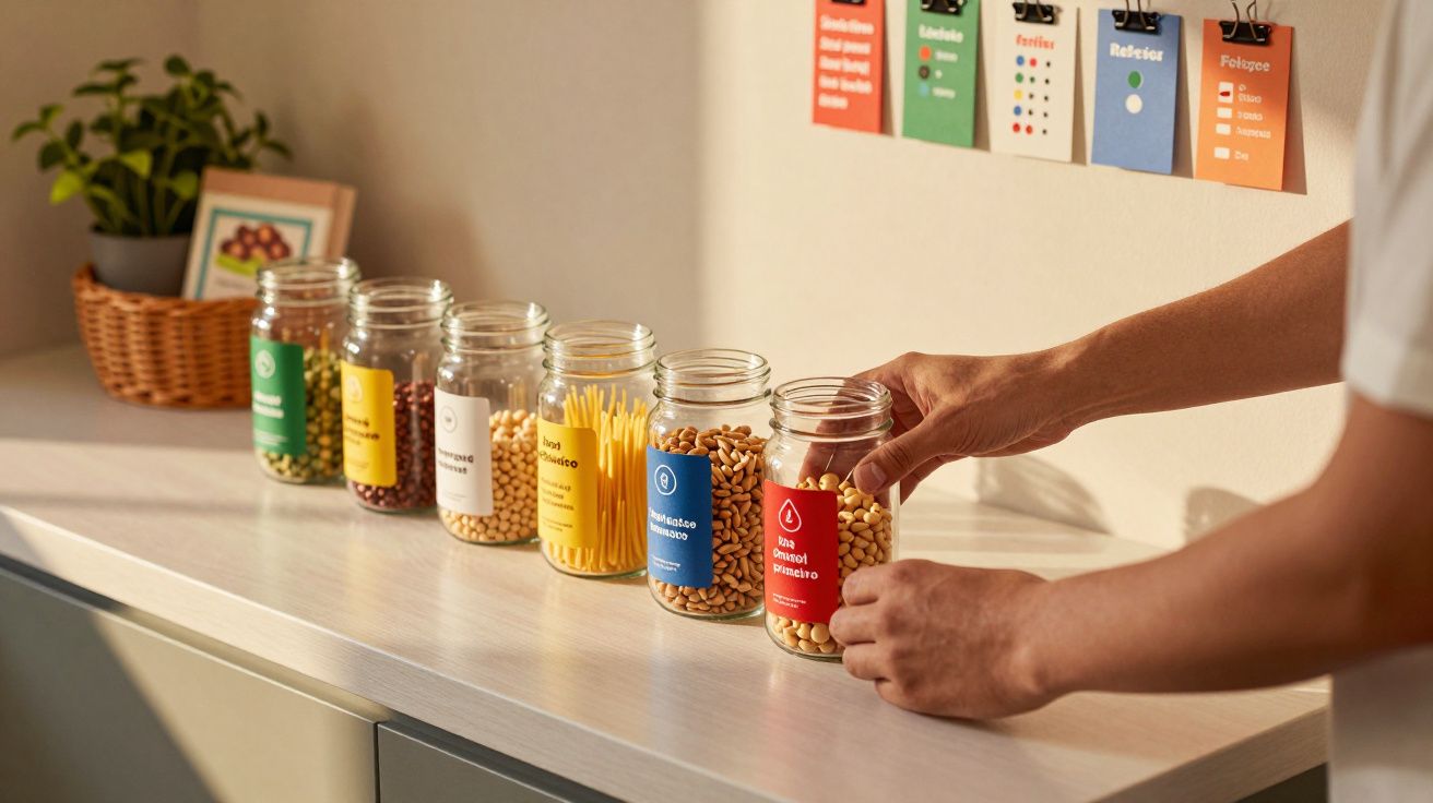 Mãos organizam frascos com grãos etiquetados sobre uma mesa; plantas e desenhos decoram o ambiente.