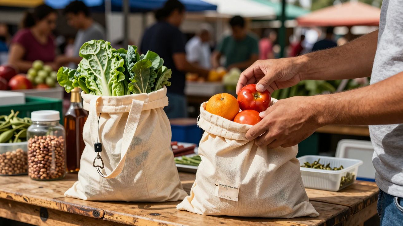 Pessoa coloca tomates num saco reutilizável num mercado ao ar livre com legumes frescos.