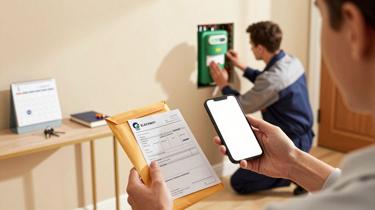 Pessoa segura conta de eletricidade e smartphone enquanto técnico instala medidor elétrico na parede.