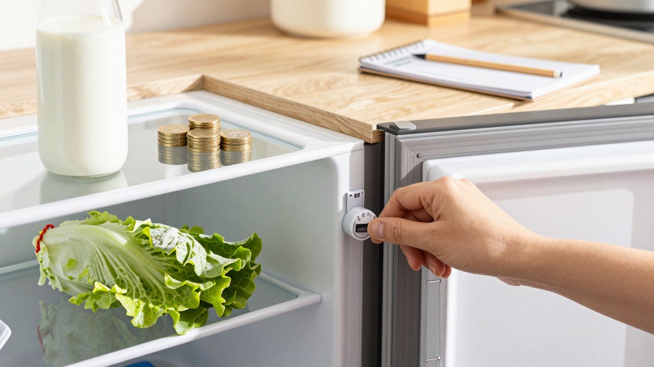 Mão ajusta temperatura do frigorífico com alface e moedas no interior, garrafa de leite e caderno na bancada.