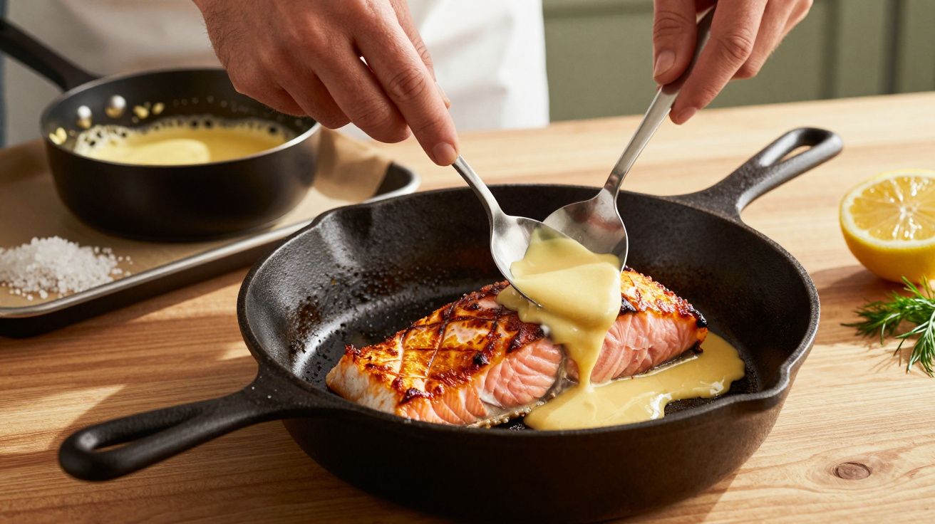 Mãos adicionam molho a filete de salmão grelhado numa frigideira de ferro fundido, com limão e ervas ao lado.