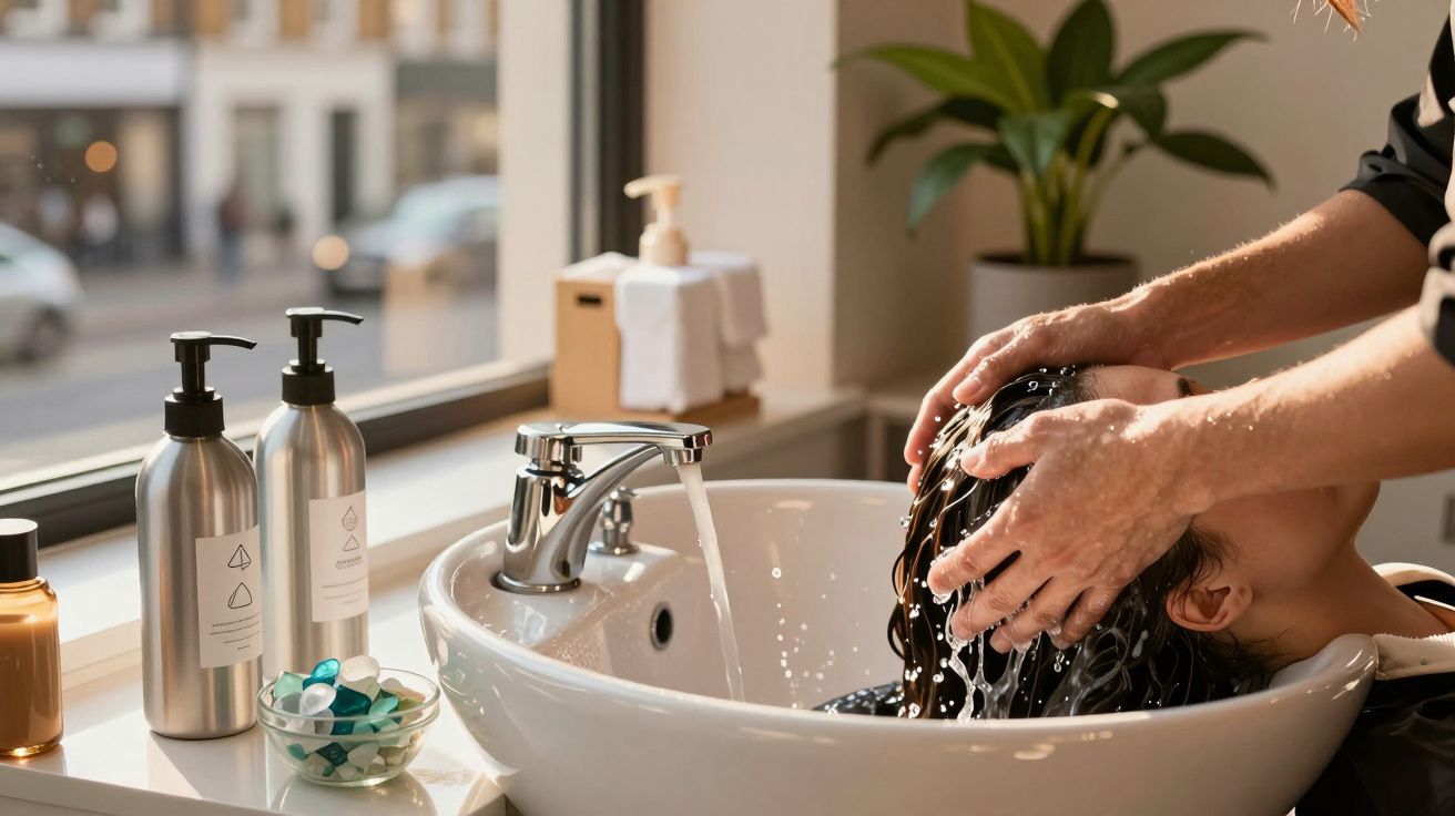 Pessoa a lavar cabelo de outra em lavatório de cabeleireiro, com produtos de cuidado capilar ao lado.