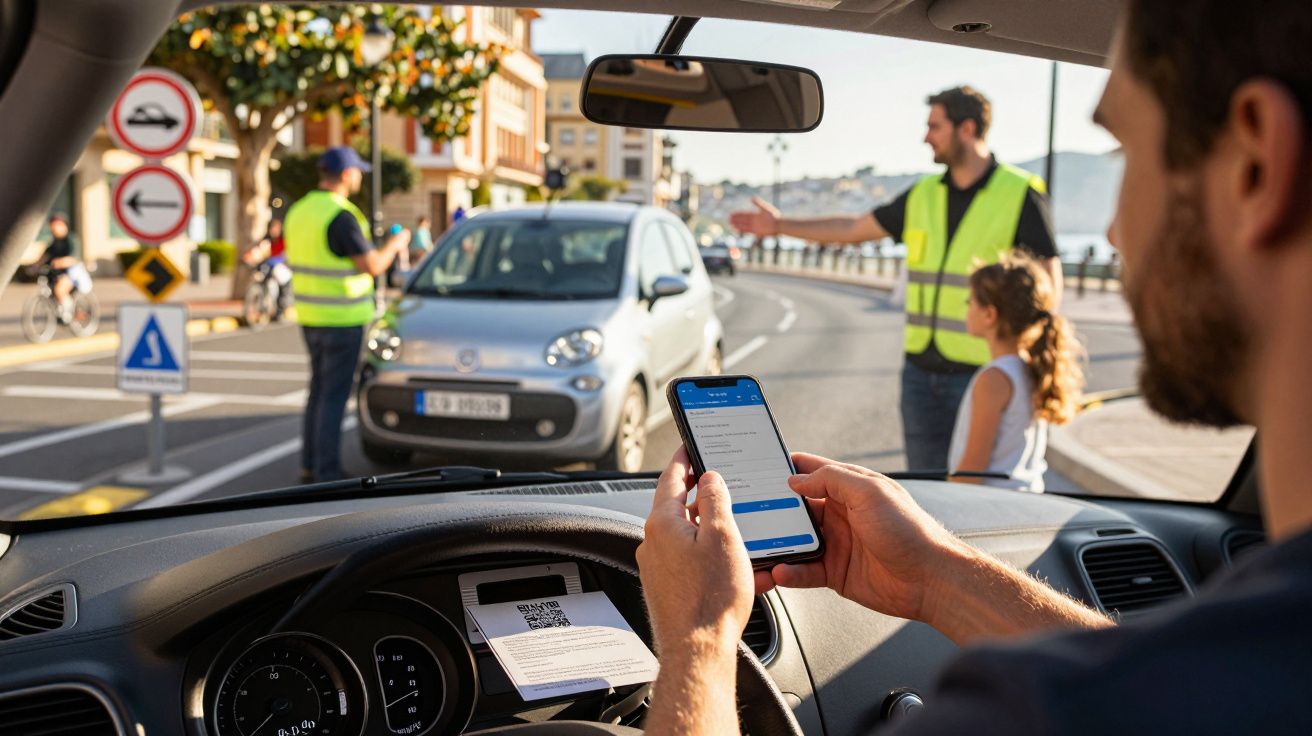 Homem dentro de carro usando smartphone, enquanto duas pessoas com coletes refletores orientam o trânsito na estrada.