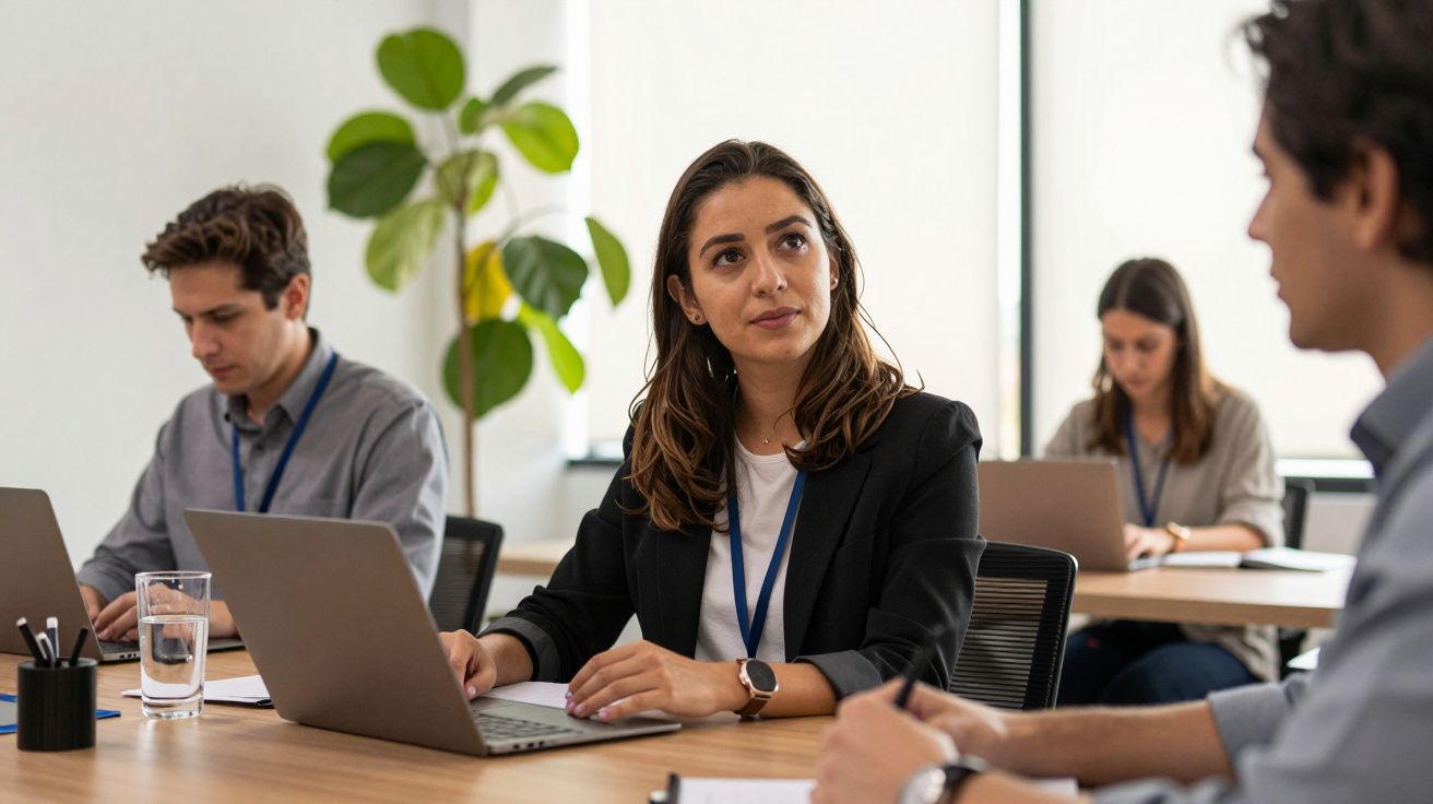 Pessoas num escritório, sentadas, a trabalhar em computadores portáteis em ambiente colaborativo.