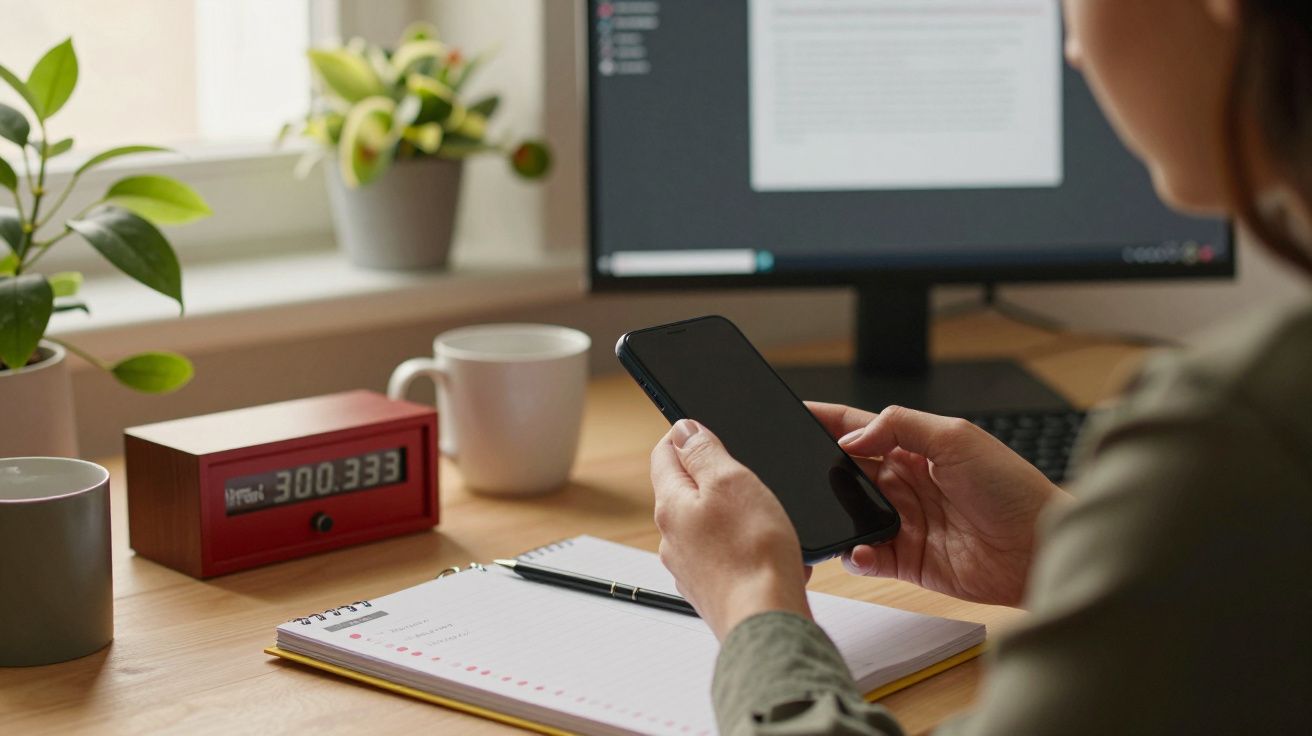 Pessoa segura um telemóvel num escritório com computador, caderno e plantas sobre a secretária.