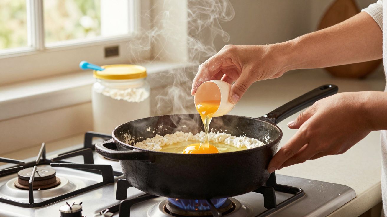 Pessoa a cozinhar, vertendo ovo numa frigideira de ferro fundido sobre lume, com farinha à volta.