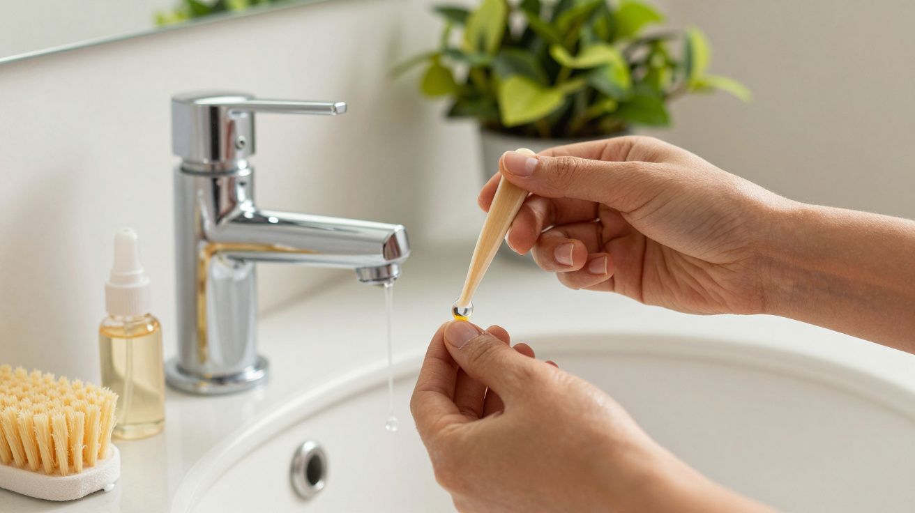 Mãos a lavar cabo de uma escova de dentes de bambu numa torneira de casa de banho com plantas ao fundo.