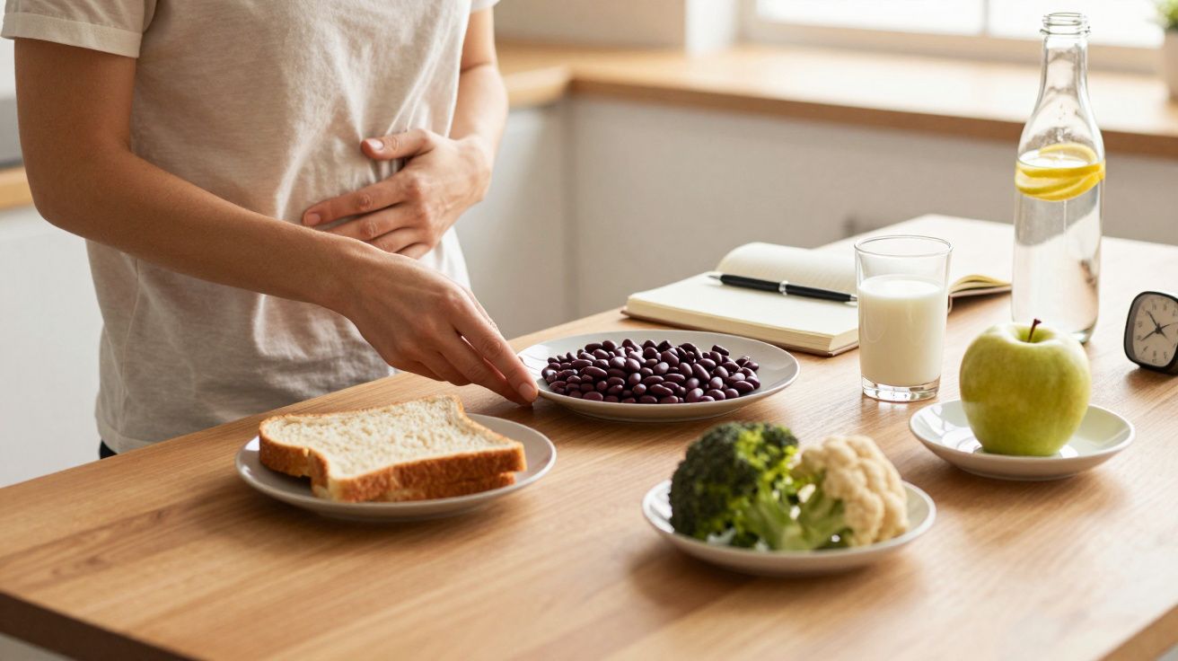 Pessoa escolhendo alimentos numa mesa com pão, feijão, brócolos, maçã, leite e água com limão.