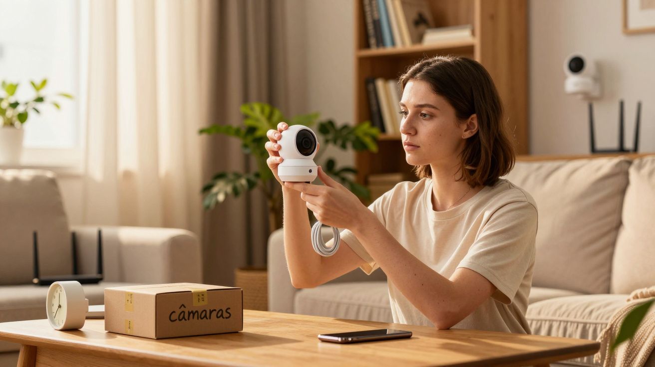 Mulher instala câmara de segurança numa sala iluminada, com caixa de câmaras e smartphone sobre a mesa.