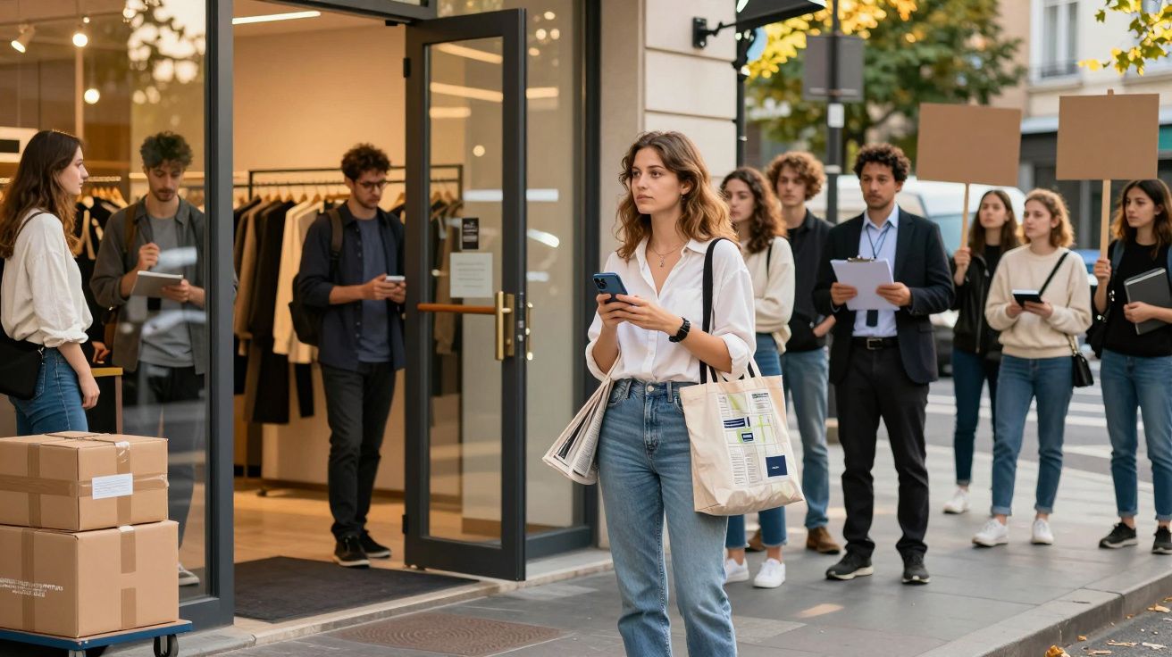 Mulher com saco de compras e telemóvel em frente a uma loja, com pessoas na fila segurando cartazes.