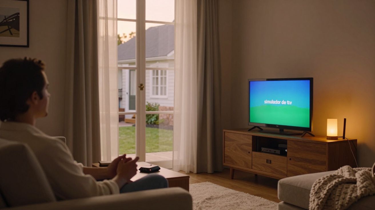 Pessoa sentada a ver televisão com texto "simulador de tv" na sala de estar bem iluminada, vista para o jardim.