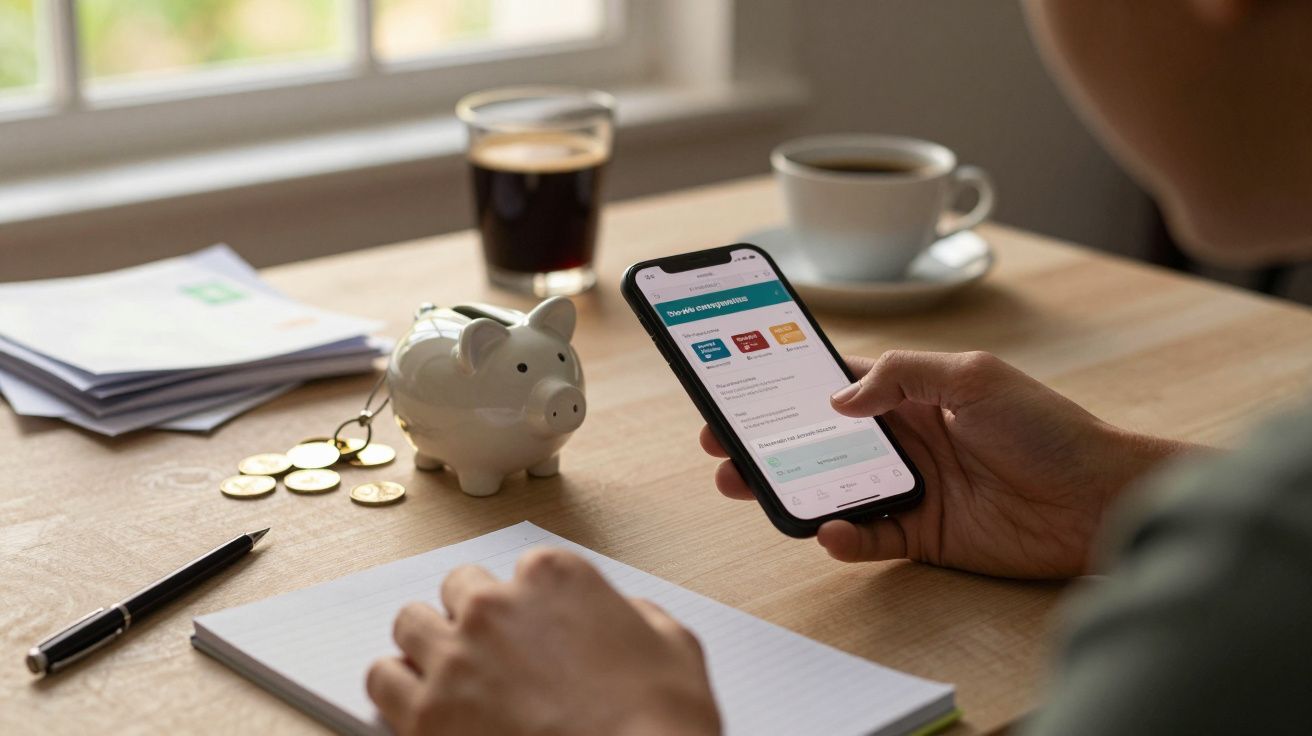 Pessoa consulta smartphone ao lado de bloco de notas, caneta, é um mealheiro de porco com moedas numa mesa de café.