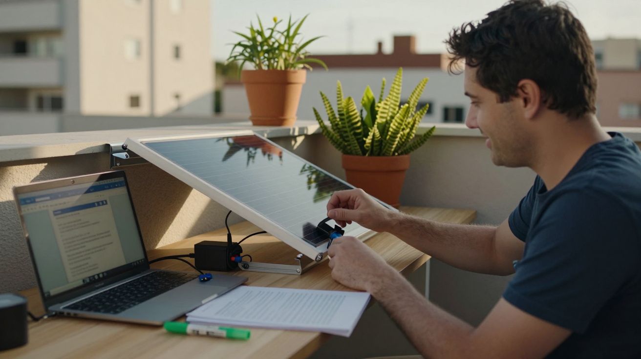 Homem trabalha numa varanda com portátil, painel solar e plantas em vasos, ao lado de apontamentos e canetas.