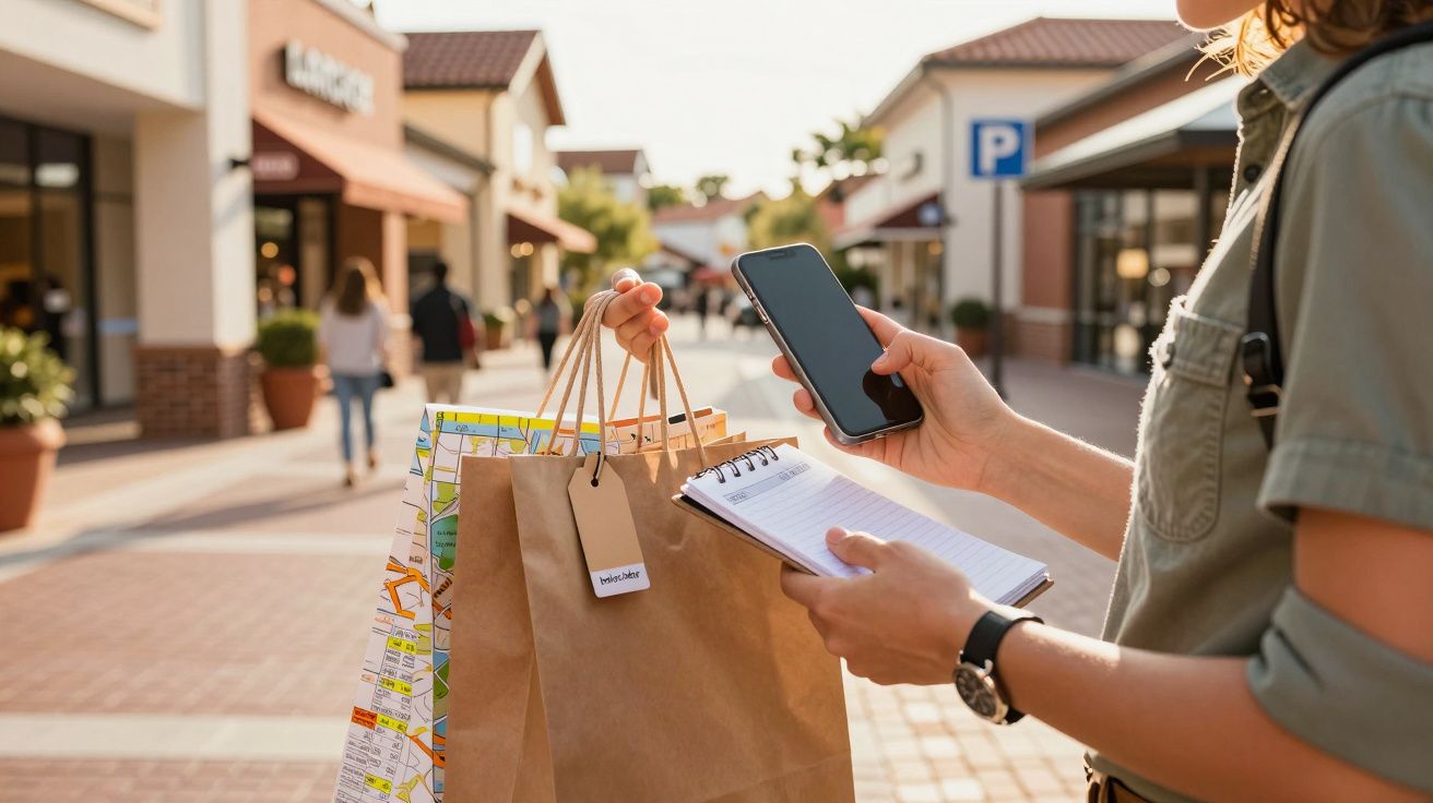 Pessoa com sacos de compras numa rua pedonal, segurando telemóvel e bloco de notas. Fundo de lojas com pessoas a caminhar.