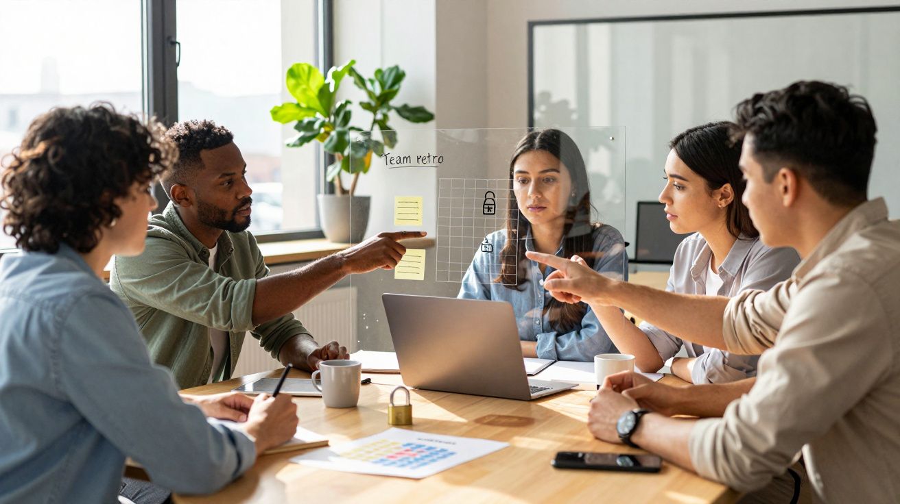 Grupo de cinco pessoas em reunião à volta de mesa com portátil e notas adesivas, discutindo ideias.