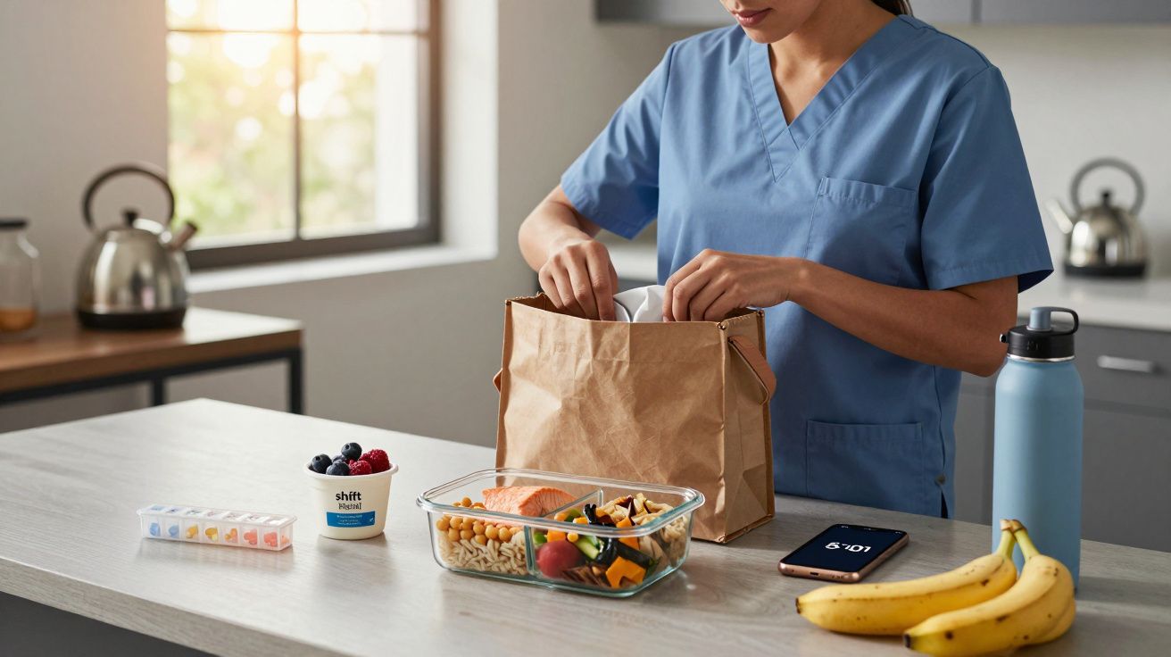 Pessoa de uniforme médico a preparar um saco de papel na cozinha com comida saudável e objetos em cima da bancada.